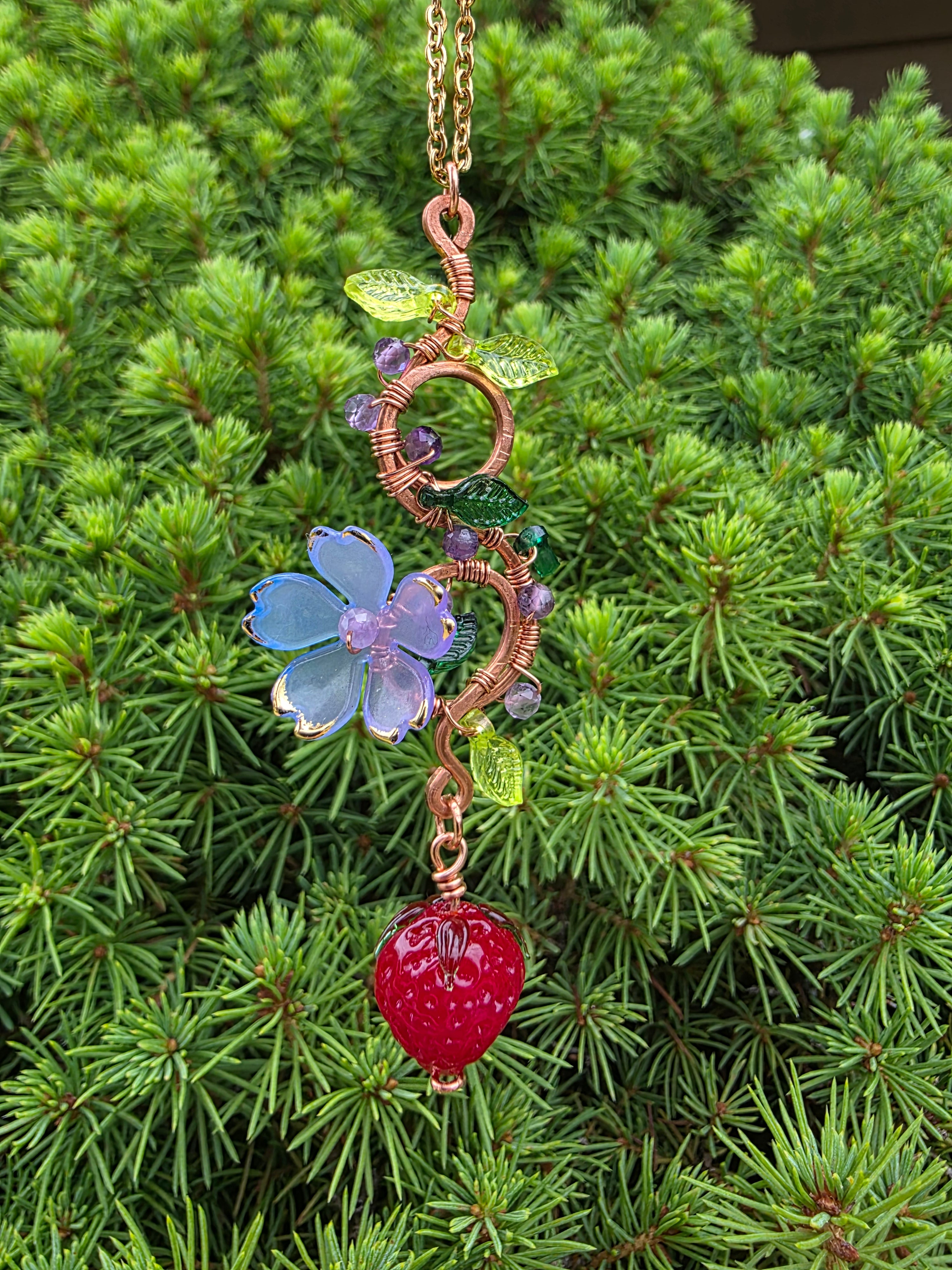 Strawberry and light purple flower copper wire pendant