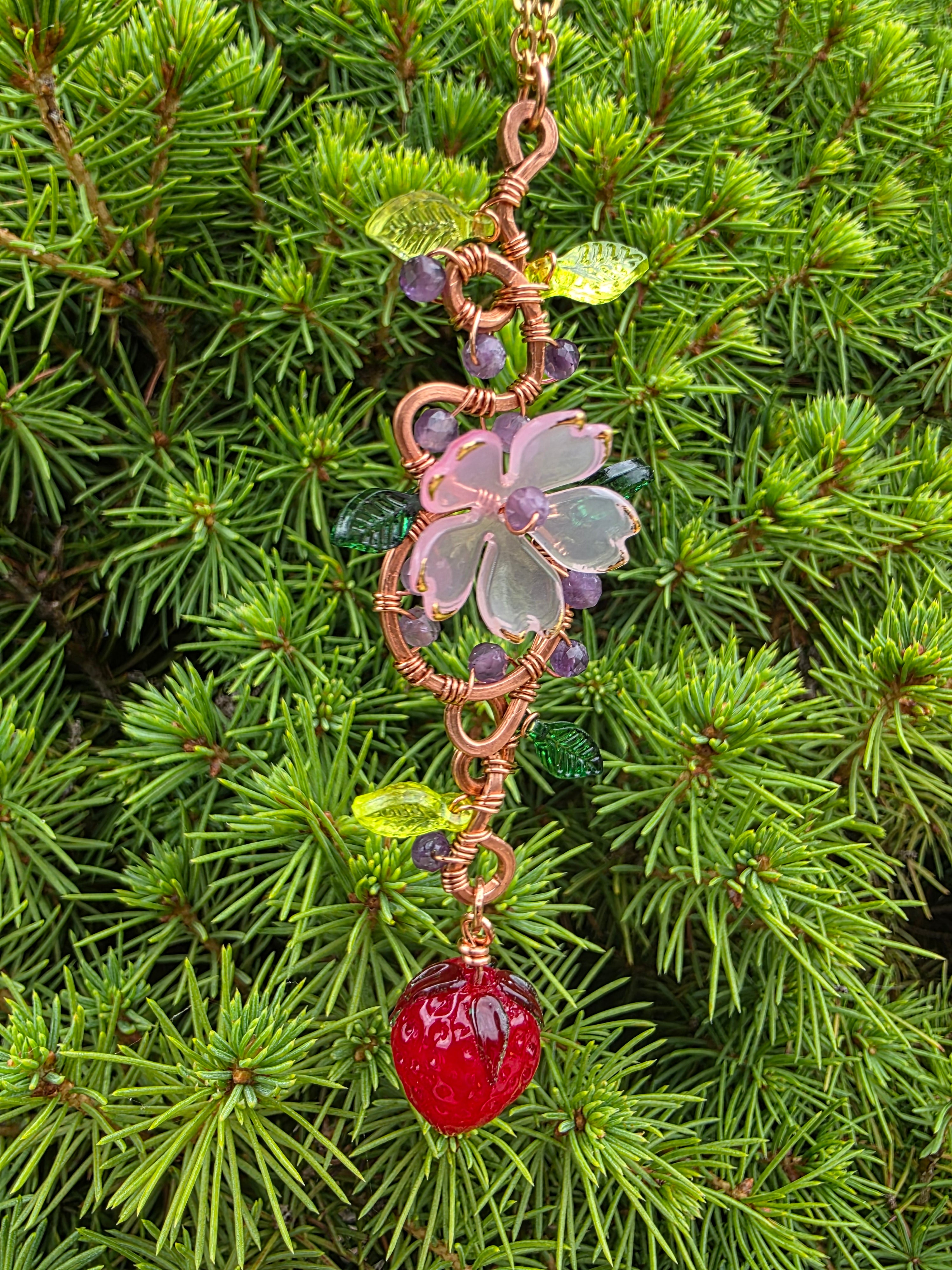 Strawberry & light pink flower copper wire pendant