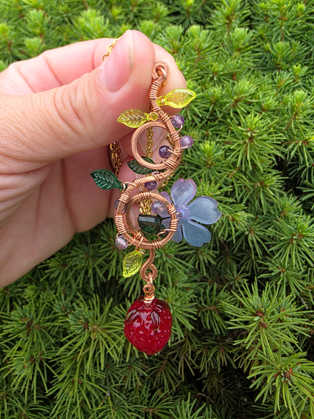 Strawberry and light purple flower copper wire pendant