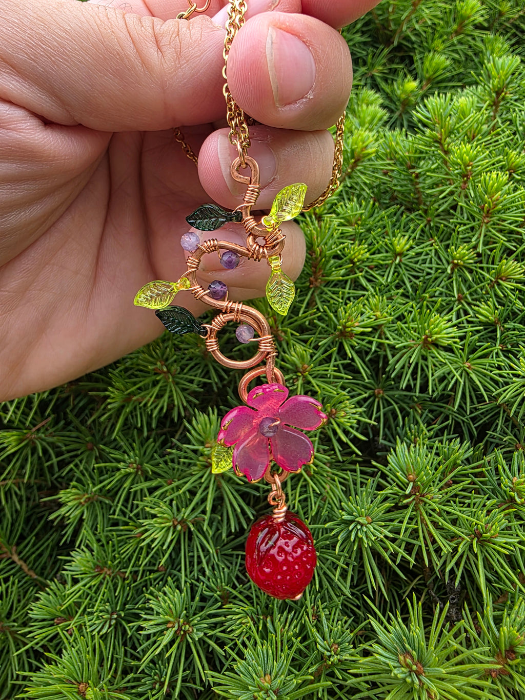 Strawberry and Hot pink flower copper wire pendant