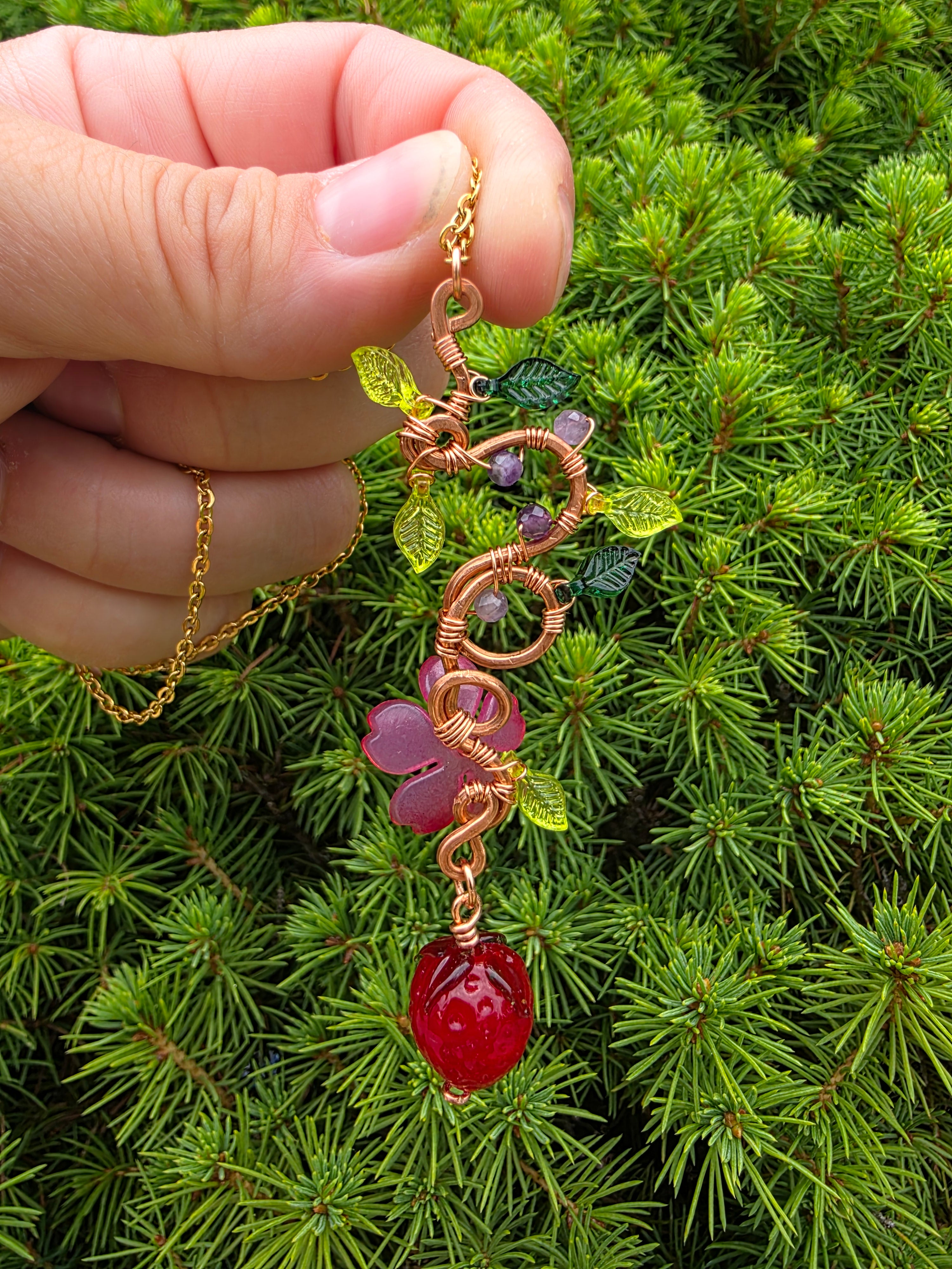 Strawberry and Hot pink flower copper wire pendant