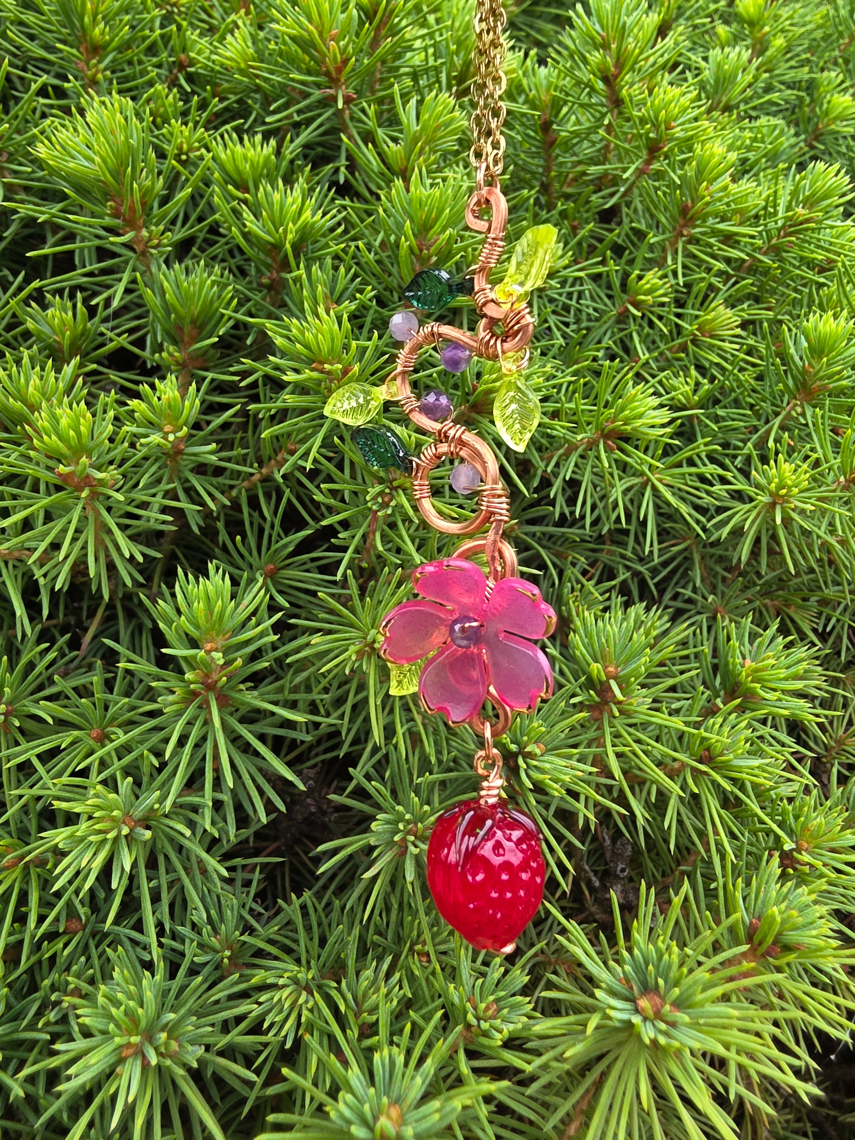 Strawberry and Hot pink flower copper wire pendant