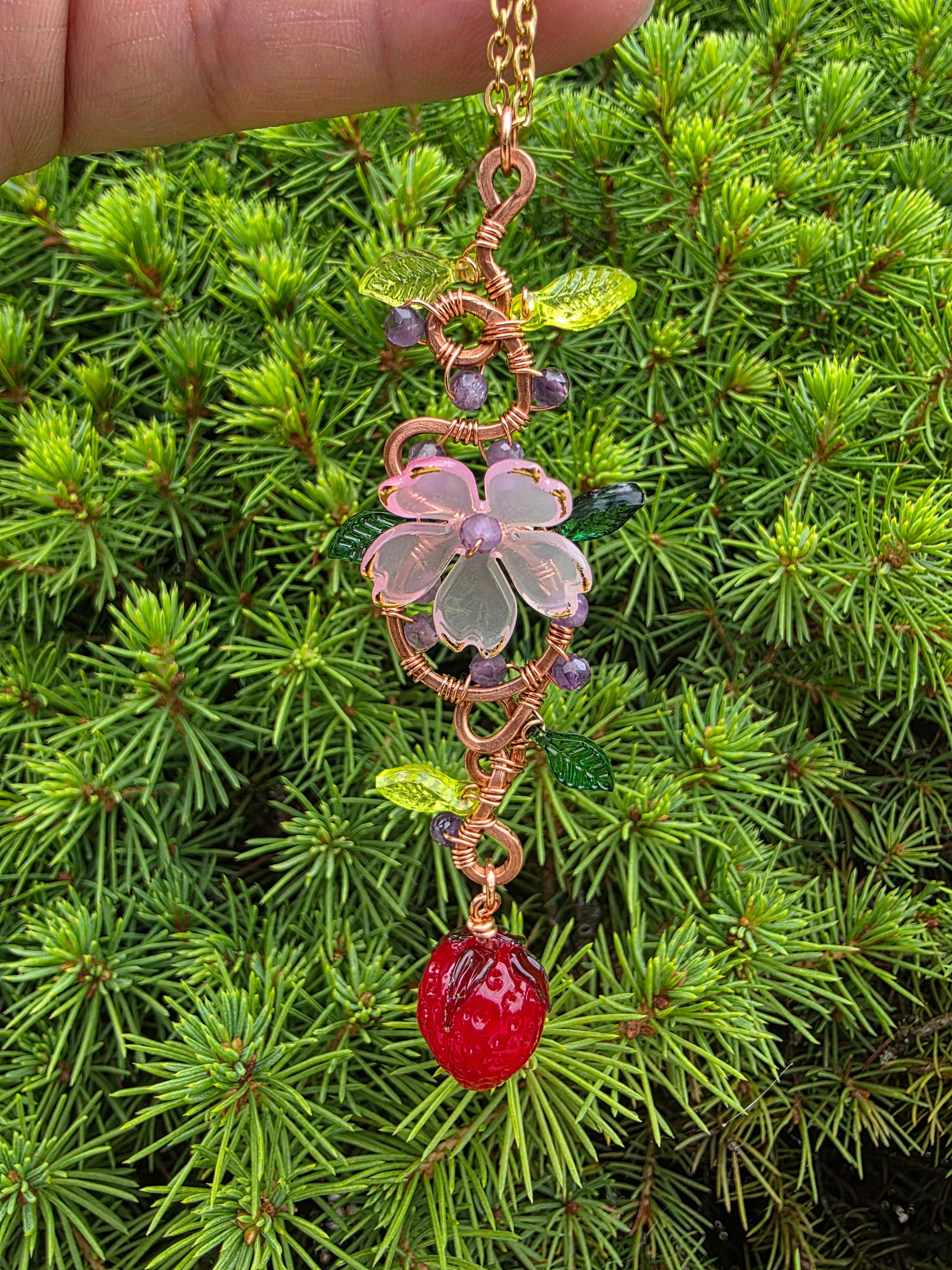 Strawberry & light pink flower copper wire pendant
