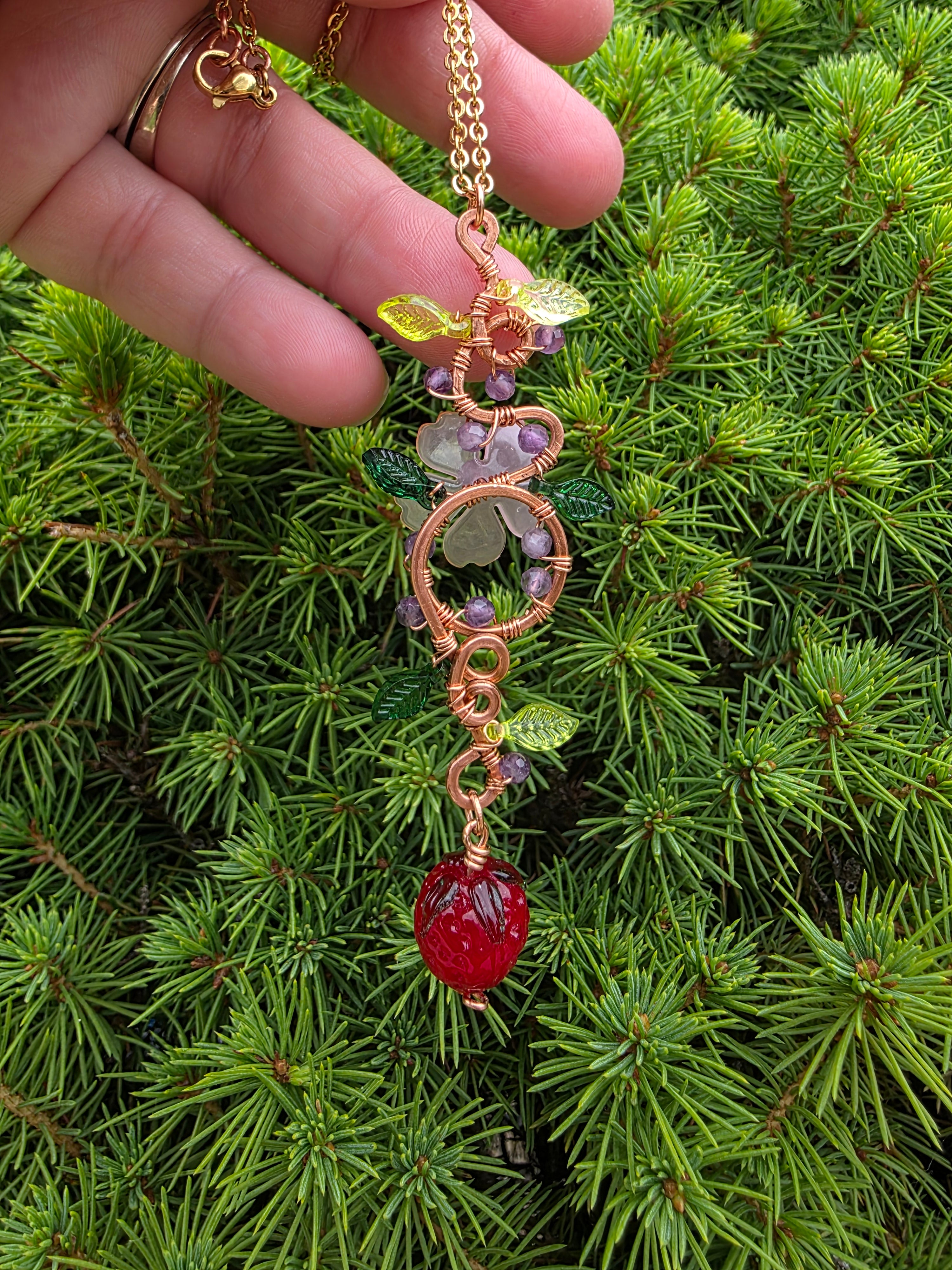 Strawberry & light pink flower copper wire pendant