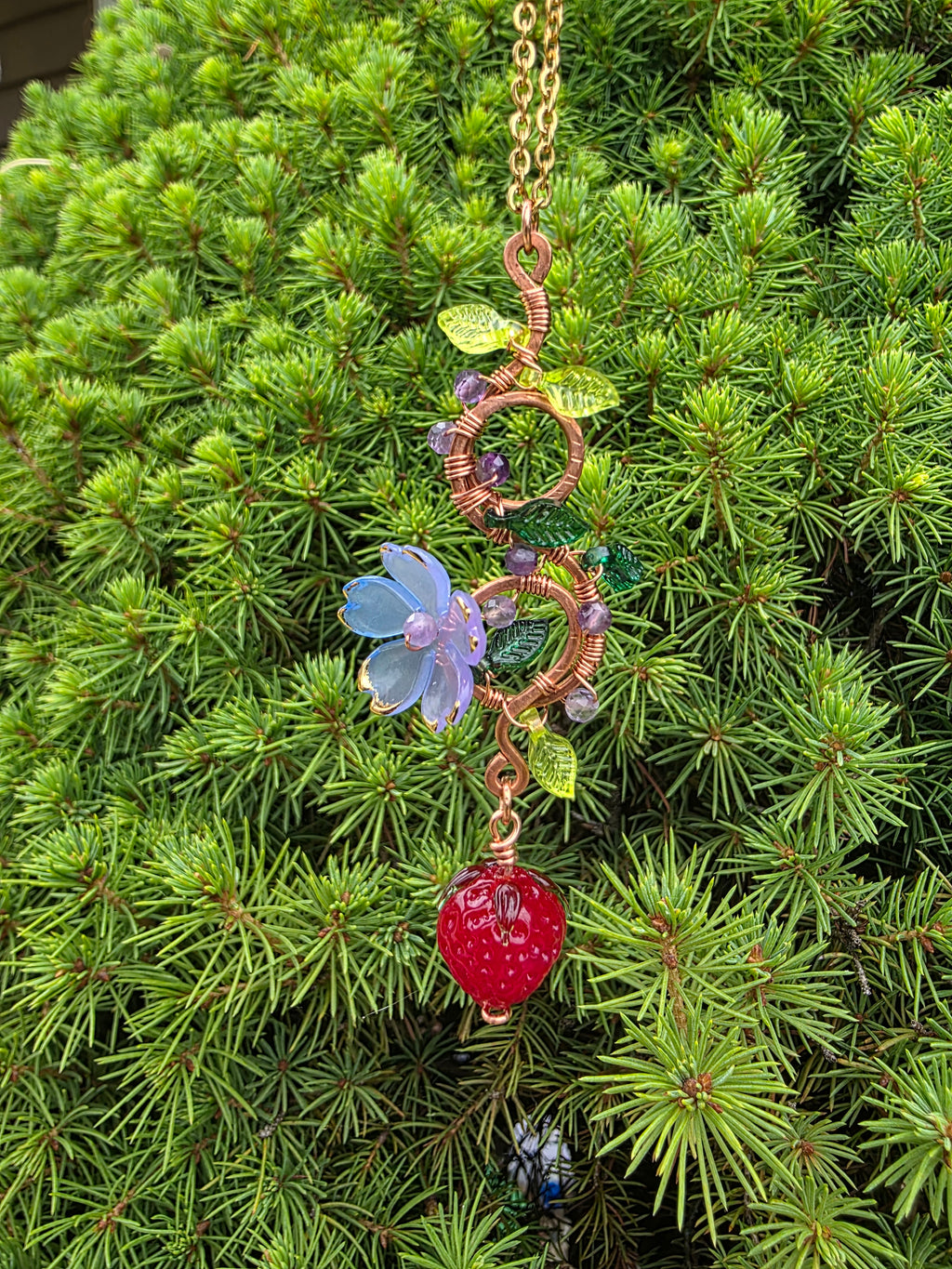 Strawberry and light purple flower copper wire pendant