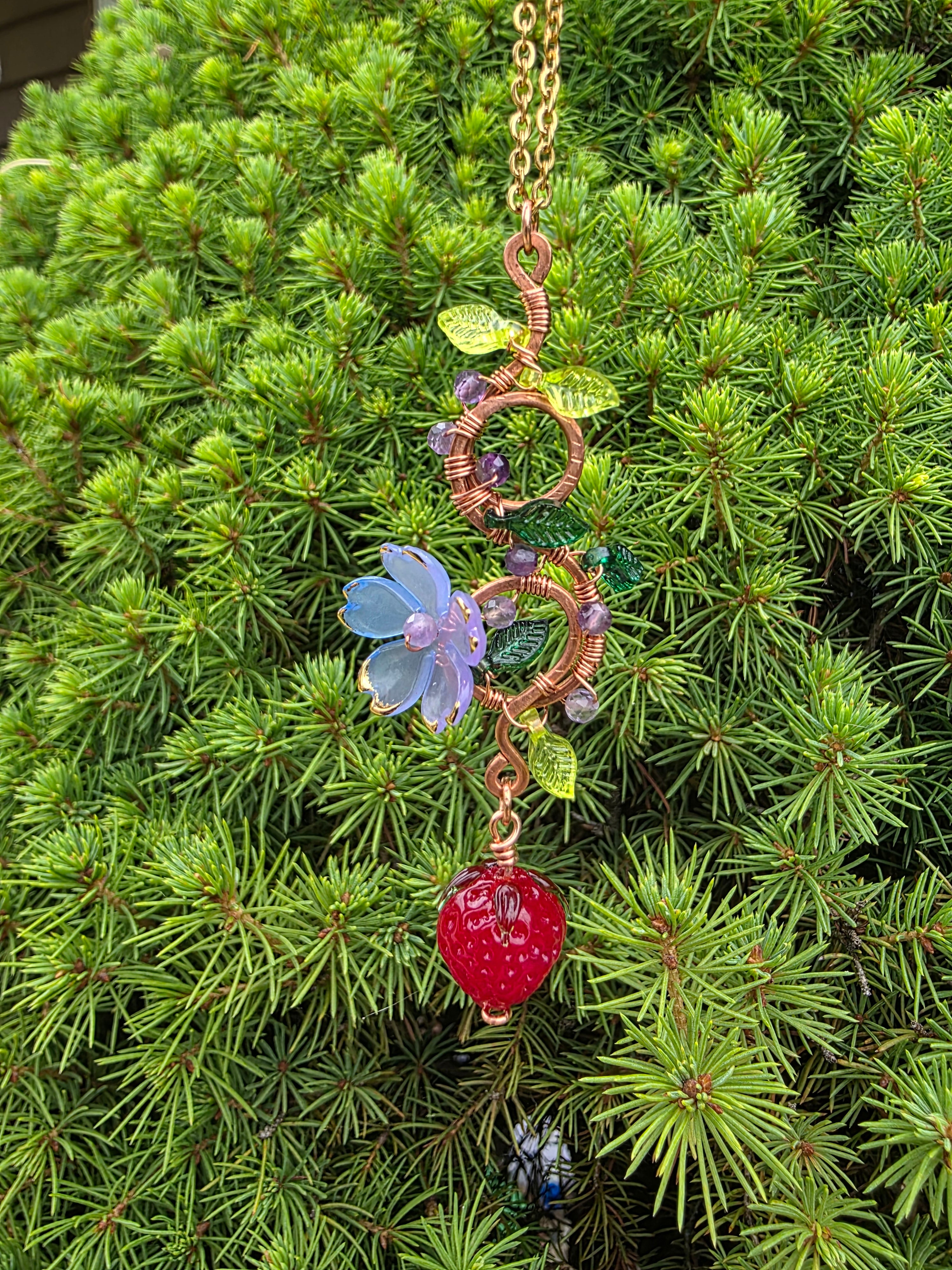 Strawberry and light purple flower copper wire pendant